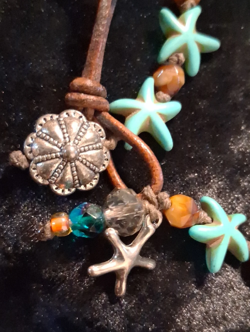 Turquoise Starfish Bead Anklet Bracelet with Brown Accent Stones - 10 To 12 In L